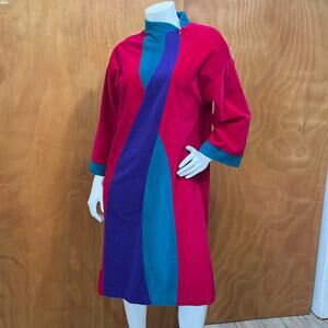 Vintage 70s Vanity Fair Velour Robe S/M Color Block 3/4 Sleeve Lounge Pockets